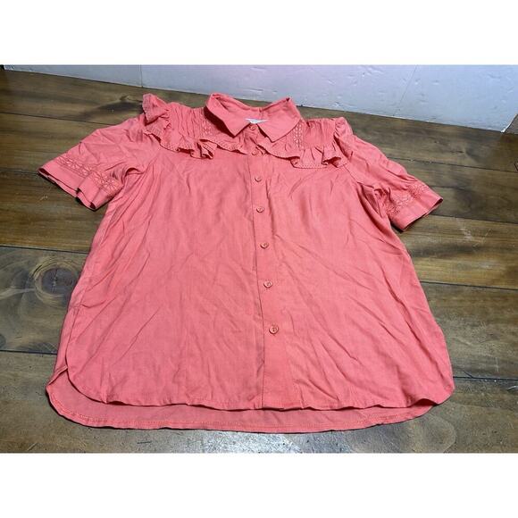 Double D Ranch Rosalie Coral Pink Ruffle Button Up Top Size M - Picture 1 of 12